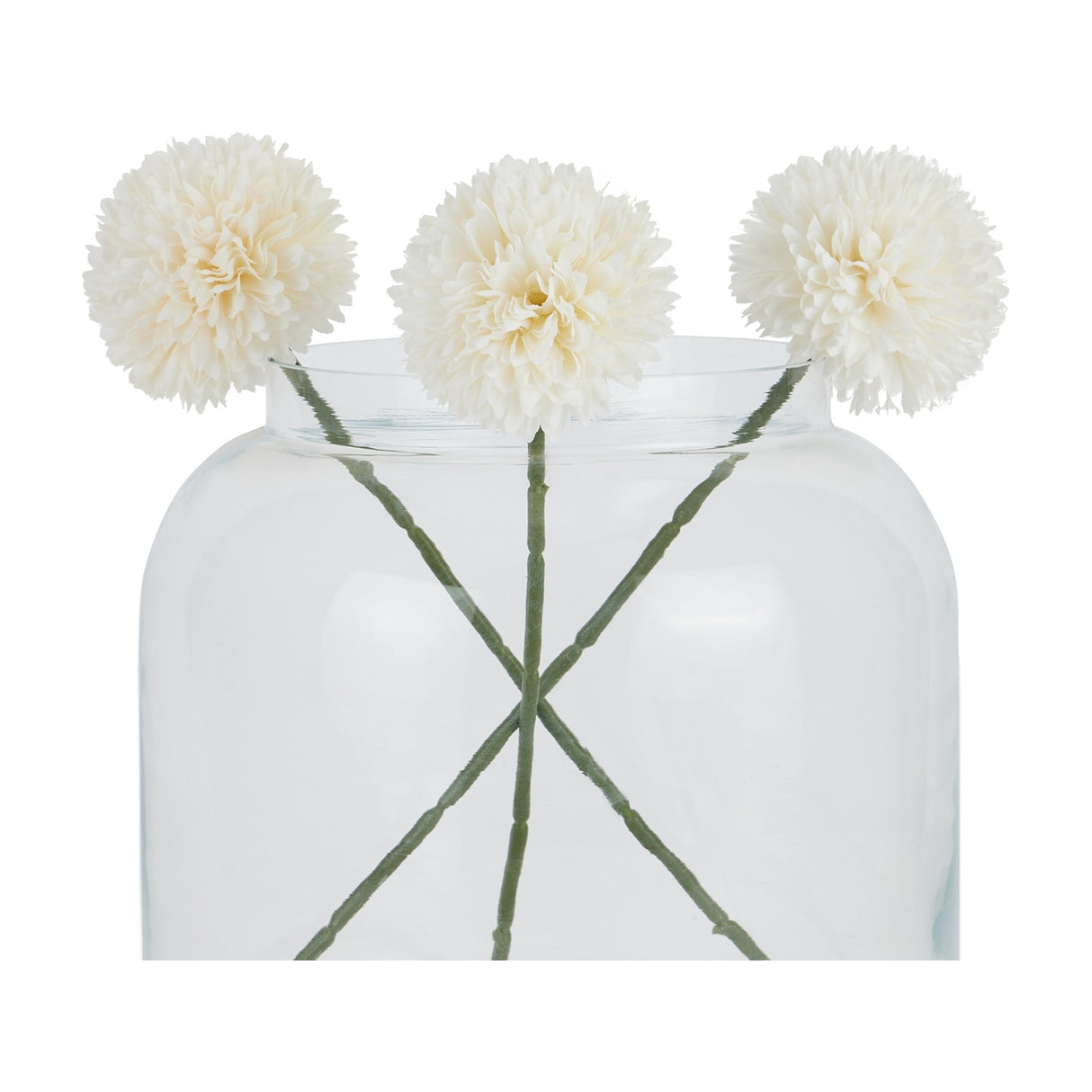Three Hill Interiors White Short Chrysanthemum faux stems with domed cream petal heads and green stems arranged in a clear glass jar vase.