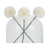 Three Hill Interiors White Short Chrysanthemum faux stems with domed cream petal heads and green stems arranged in a clear glass jar vase.