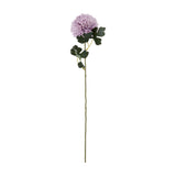 Hill Interiors Light Purple Chrysanthemum faux stem with a layered pom-pom bloom, green veined leaves and a tall plastic stalk on a white background.