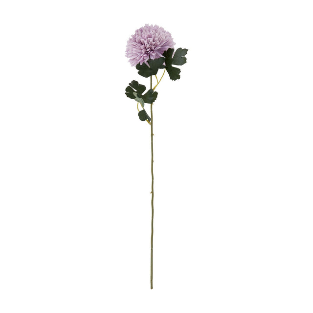 Hill Interiors Light Purple Chrysanthemum faux stem with a layered pom-pom bloom, green veined leaves and a tall plastic stalk on a white background.