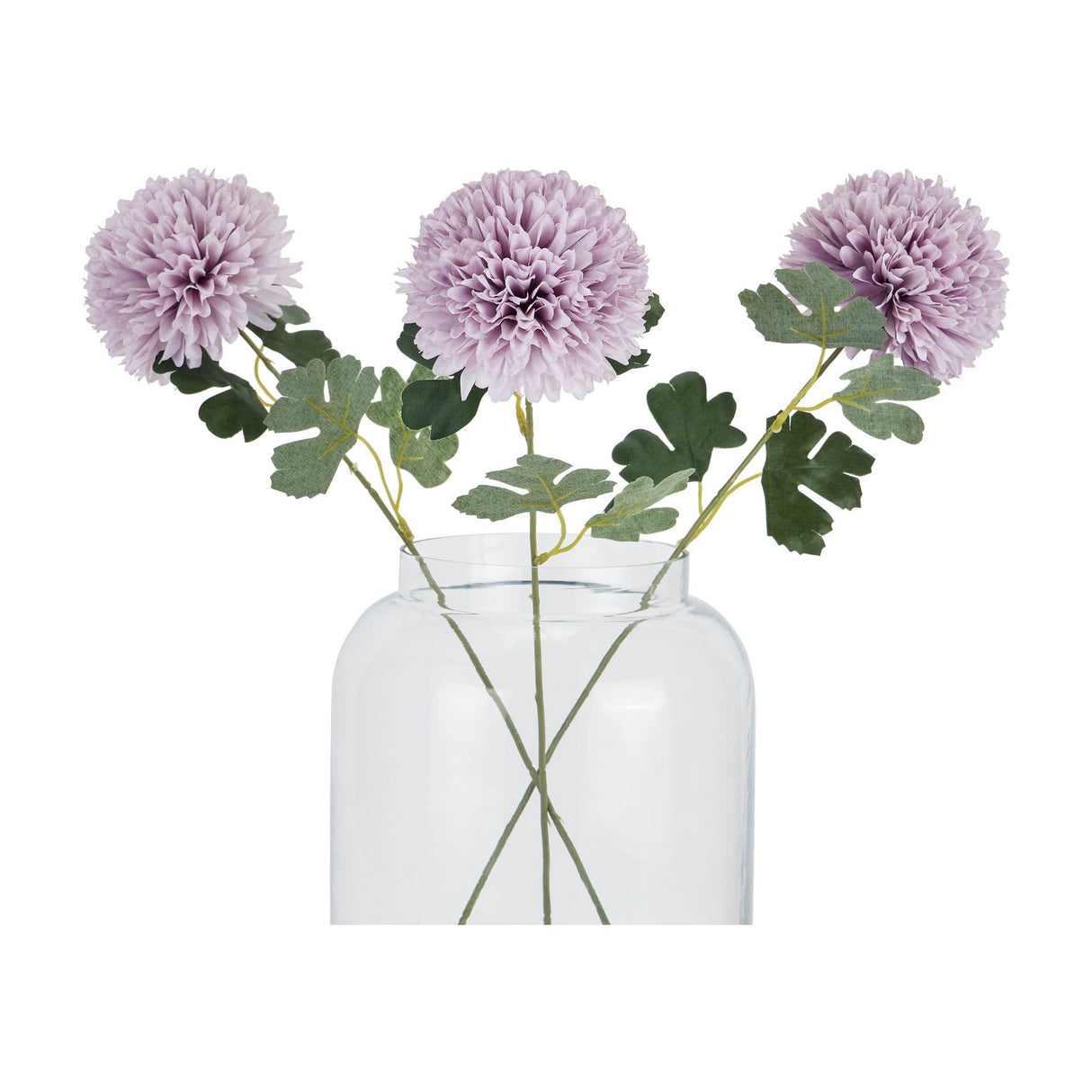 Three Hill Interiors light purple chrysanthemum faux stems with pom-pom blooms and green leaves arranged in a clear glass vase on a white background.