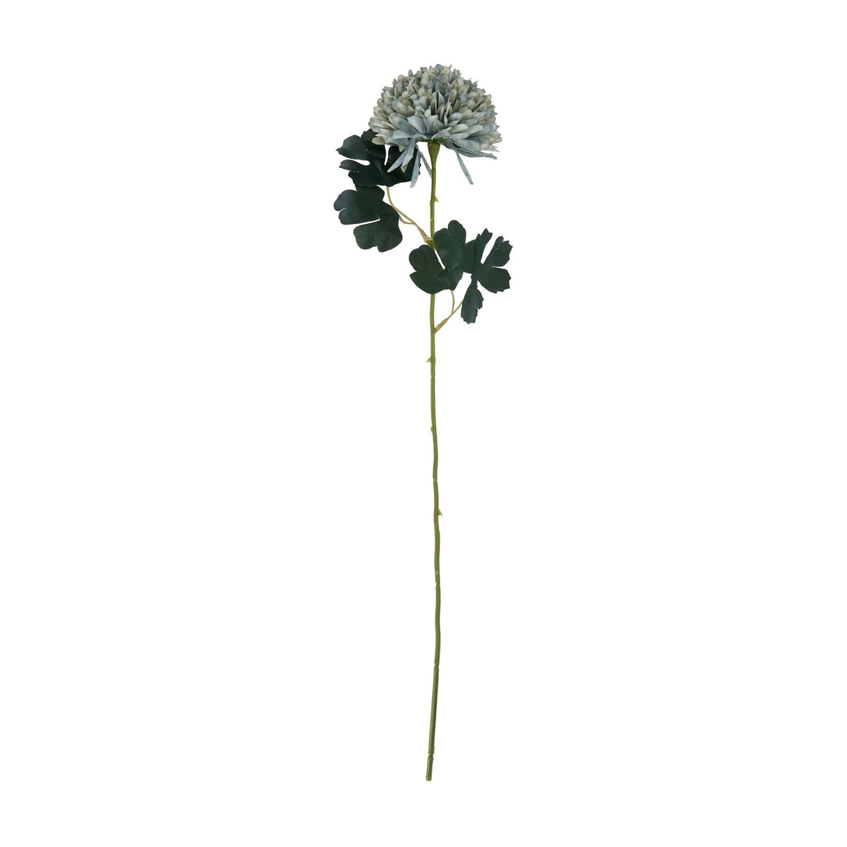 Hill Interiors Pale Green Blue Chrysanthemum faux stem with a full rounded petal head and dark green leaves on a tall plastic stem, plain white background.