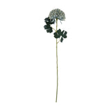 Hill Interiors Pale Green Blue Chrysanthemum faux stem with a full rounded petal head and dark green leaves on a tall plastic stem, plain white background.