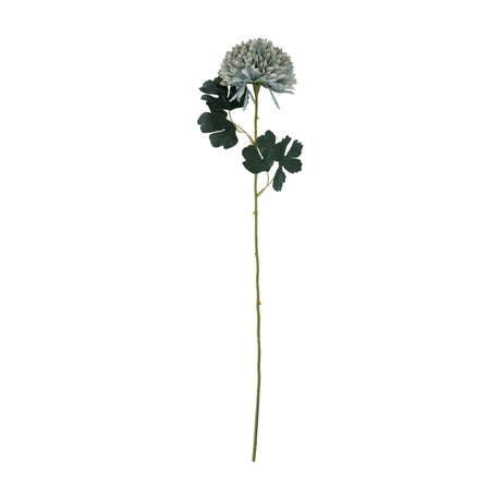 Hill Interiors Pale Green Blue Chrysanthemum faux stem with a full rounded petal head and dark green leaves on a tall plastic stem, plain white background.