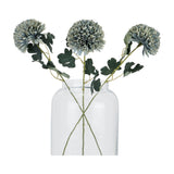 Hill Interiors Pale Green Blue Chrysanthemum faux stems with layered rounded heads and green leaves, arranged in a clear glass vase on a white background.