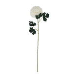 Hill Interiors White Chrysanthemum faux flower stem with a rounded layered bloom and dark green leaves on a bendable stem, shown on a plain white background.