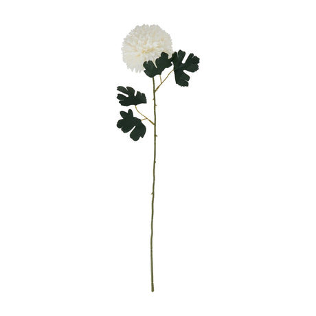 Hill Interiors White Chrysanthemum faux flower stem with a rounded layered bloom and dark green leaves on a bendable stem, shown on a plain white background.