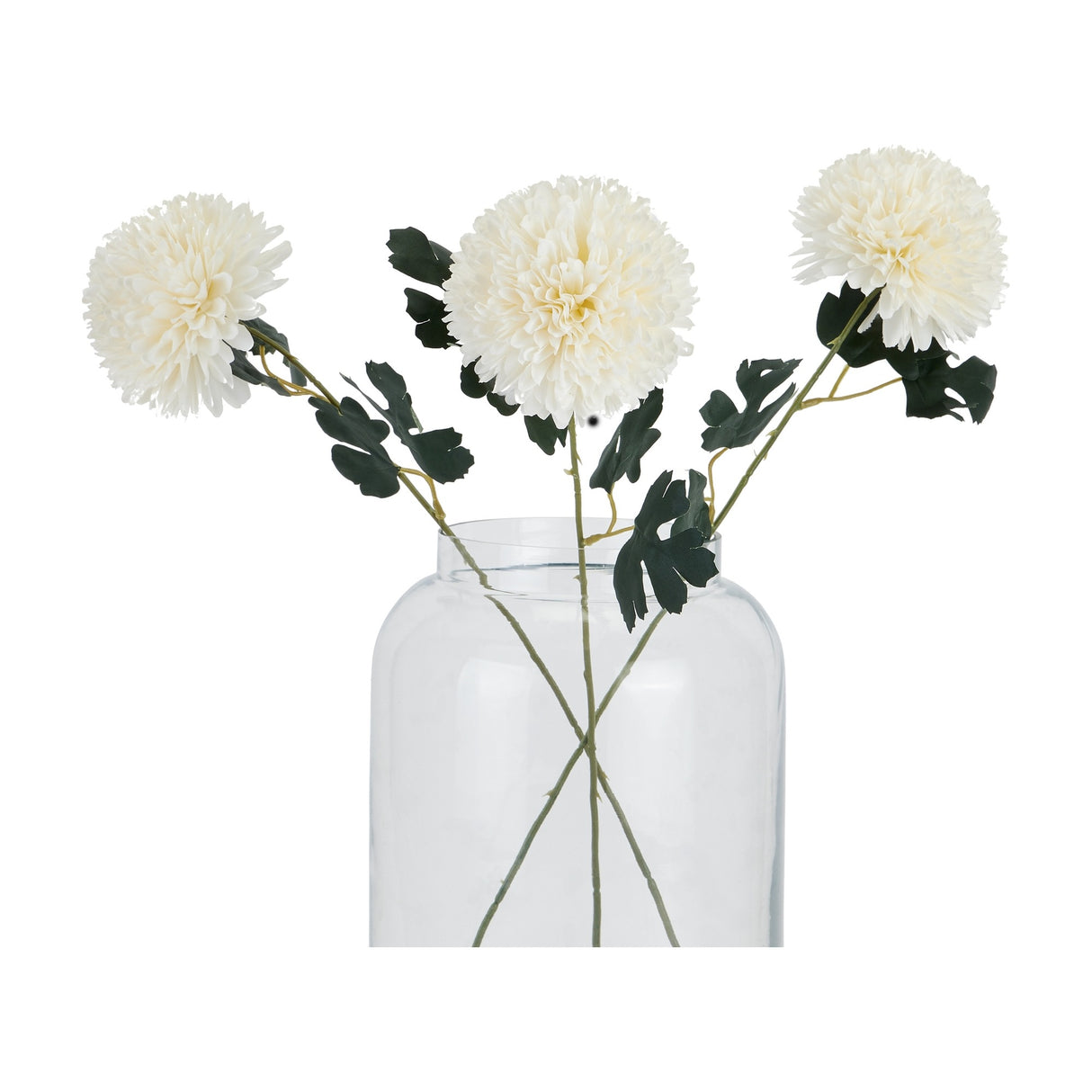 Three Hill Interiors White Chrysanthemum faux stems with rounded cream blooms and green leaves arranged in a clear glass vase on a white background.