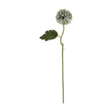 Hill Interiors Pale Green Blue Short Chrysanthemum faux stem with a layered petal bloom and single green leaf, shown against a plain white background.