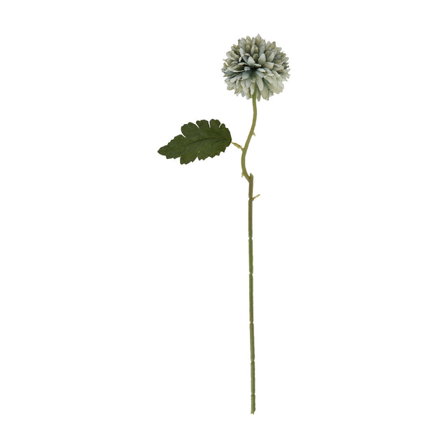 Hill Interiors Pale Green Blue Short Chrysanthemum faux stem with a layered petal bloom and single green leaf, shown against a plain white background.