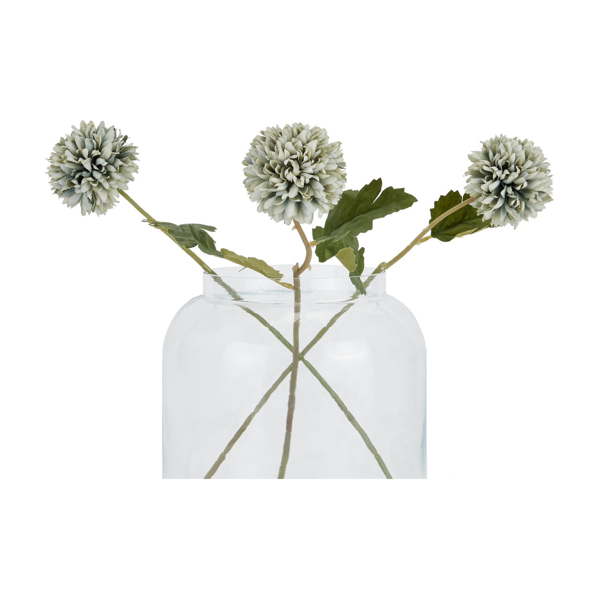 Three Hill Interiors Pale Green Blue Short Chrysanthemum faux stems with layered ball-shaped blooms and green leaves arranged in a clear glass jar vase.