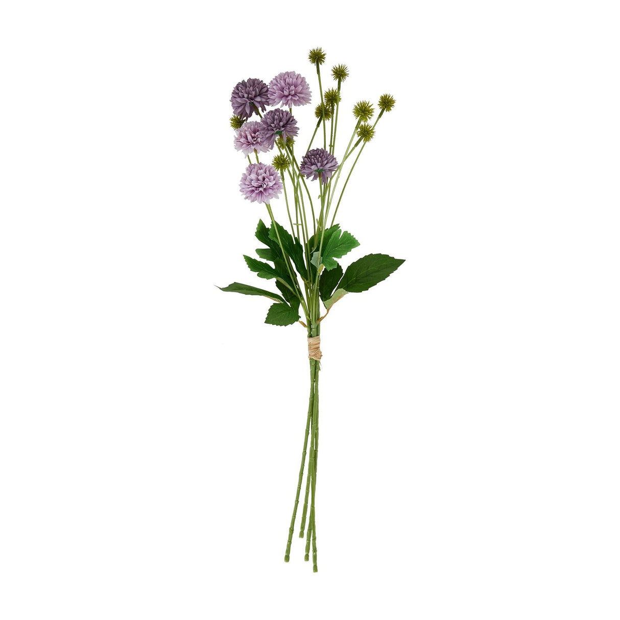 Hill Interiors Purple Chrysanthemum Bouquet with layered pompom blooms, green leaves and seed heads, tied with twine on a plain white background.