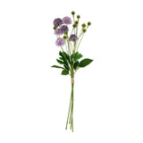 Hill Interiors Purple Chrysanthemum Bouquet with layered pompom blooms, green leaves and seed heads, tied with twine on a plain white background.