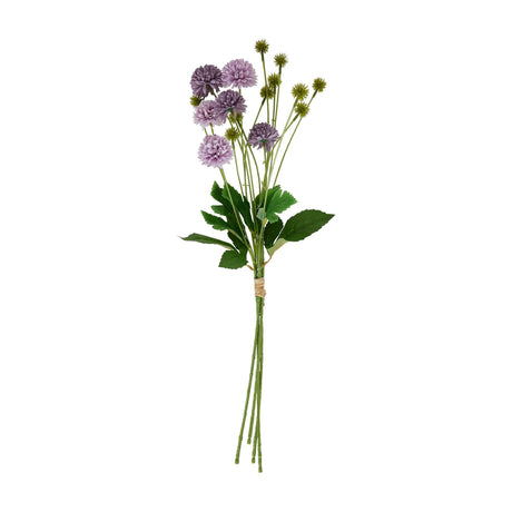 Hill Interiors Purple Chrysanthemum Bouquet with layered pompom blooms, green leaves and seed heads, tied with twine on a plain white background.