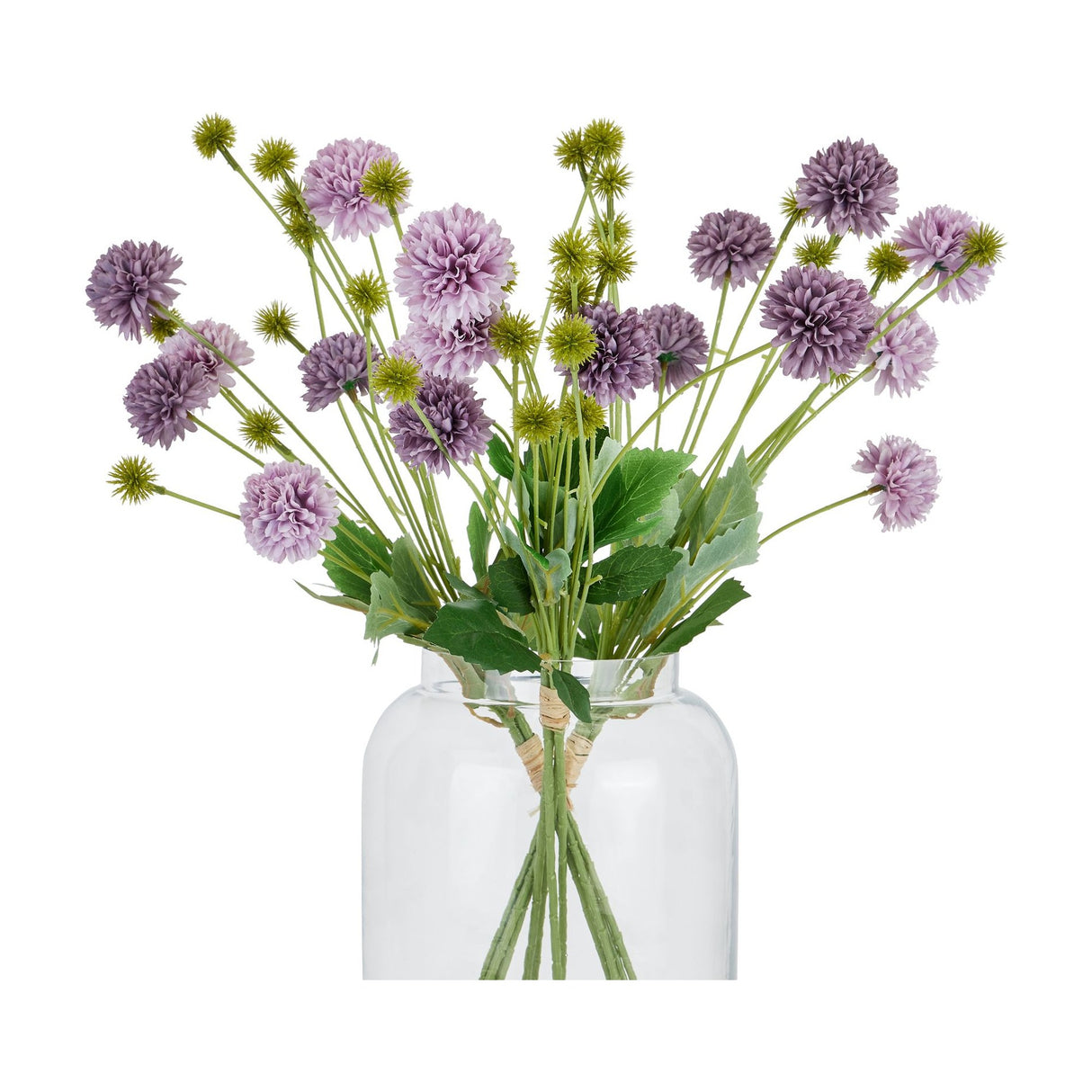 Hill Interiors Purple Chrysanthemum Bouquet of faux pompom blooms with green leaves and seed stems, tied with raffia in a clear glass vase.