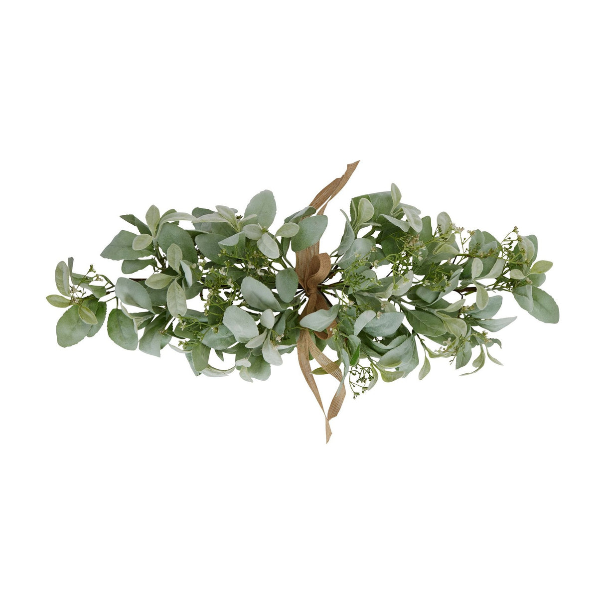Hill Interiors winter spray arrangement with silvery-green lambs ear leaves and delicate wax flower sprigs, tied with a natural ribbon on a white background.