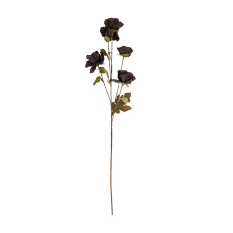 Hill Interiors Tall Black Poppy Stem, a faux flower spray with four dark matte poppy blooms and green leaves on a slim stem, on a white background.