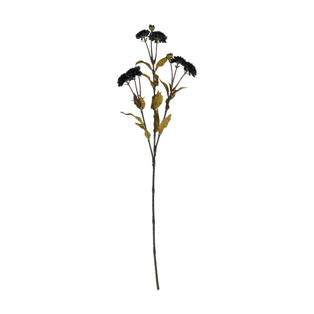 Hill Interiors Black Chrysanthemum faux stem, 65cm tall with clustered dark blooms and mustard-toned leaves on a slim branching stem, on a white background.
