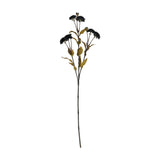 Hill Interiors Black Chrysanthemum faux stem, 65cm tall with clustered dark blooms and mustard-toned leaves on a slim branching stem, on a white background.