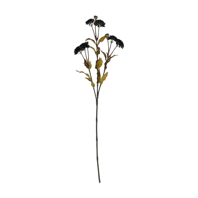 Hill Interiors Black Chrysanthemum faux stem, 65cm tall with clustered dark blooms and mustard-toned leaves on a slim branching stem, on a white background.