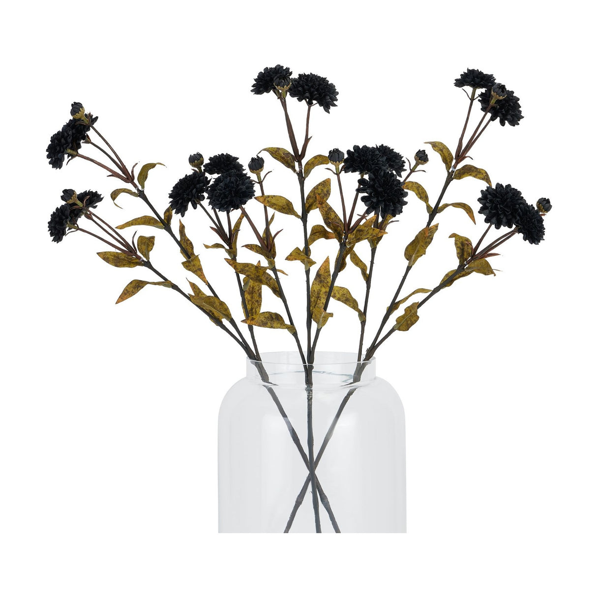 Hill Interiors Black Chrysanthemum faux stems with layered dark blooms and mottled yellow-green foliage arranged in a clear glass vase on a white background.