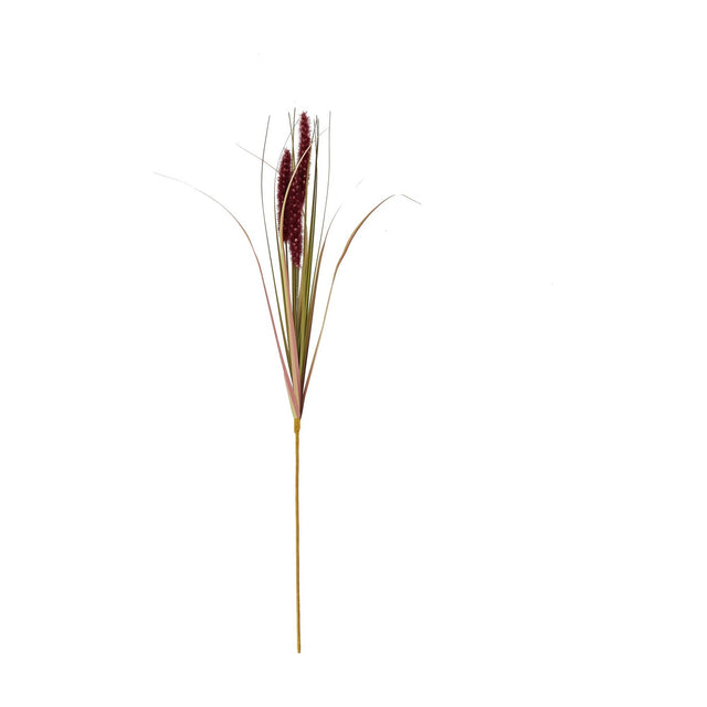 Hill Interiors Ruby Triple Grass Stem, an 80cm faux dried-look plant with three slender red plumes and wispy grass blades, shown on a white background.