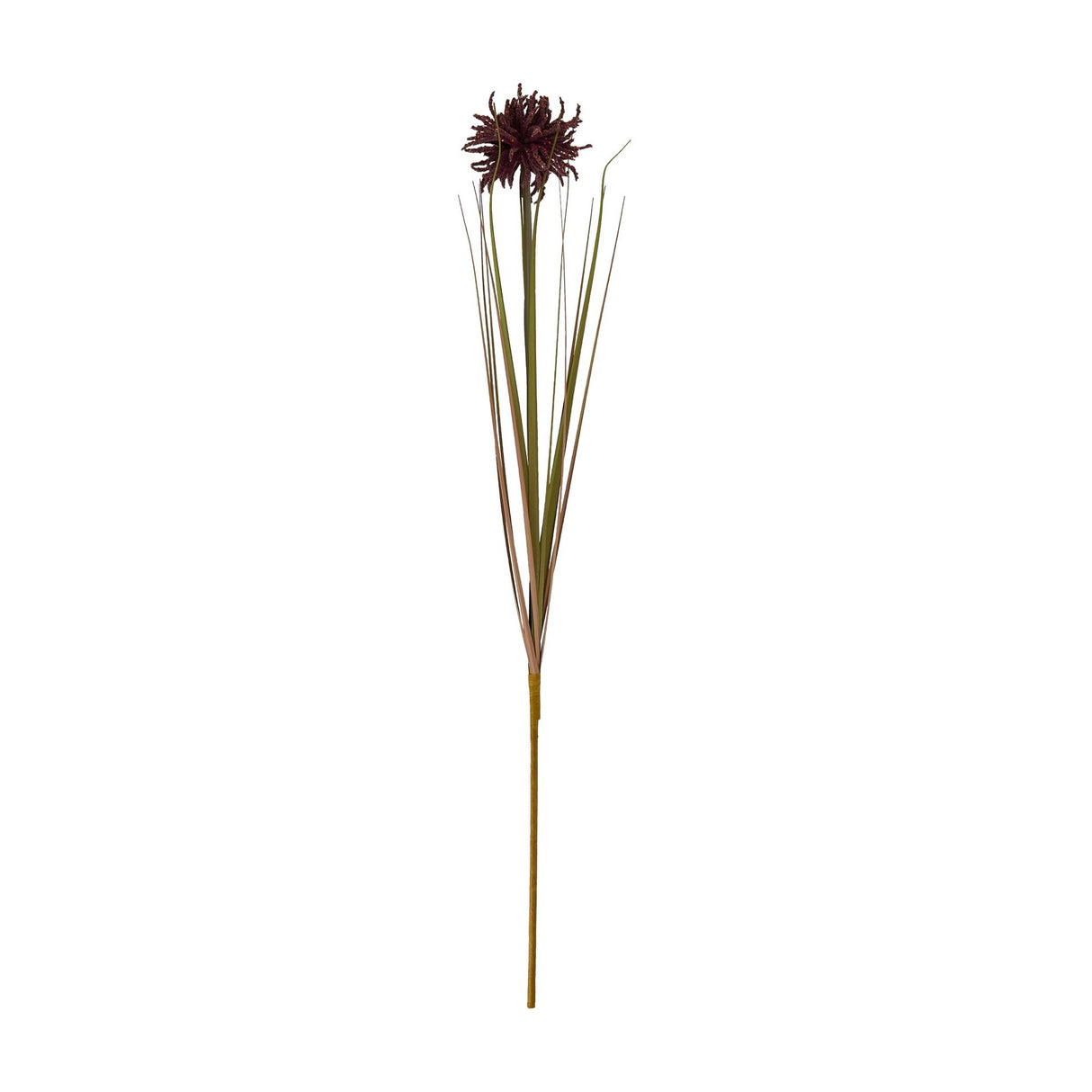 Hill Interiors Burgundy Aster Spider Chrysanthemum Stem, an 80cm faux flower with deep red curling petals and long green blades, on a white background.