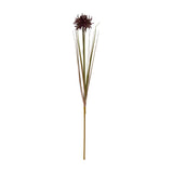 Hill Interiors Burgundy Aster Spider Chrysanthemum Stem, an 80cm faux flower with deep red curling petals and long green blades, on a white background.