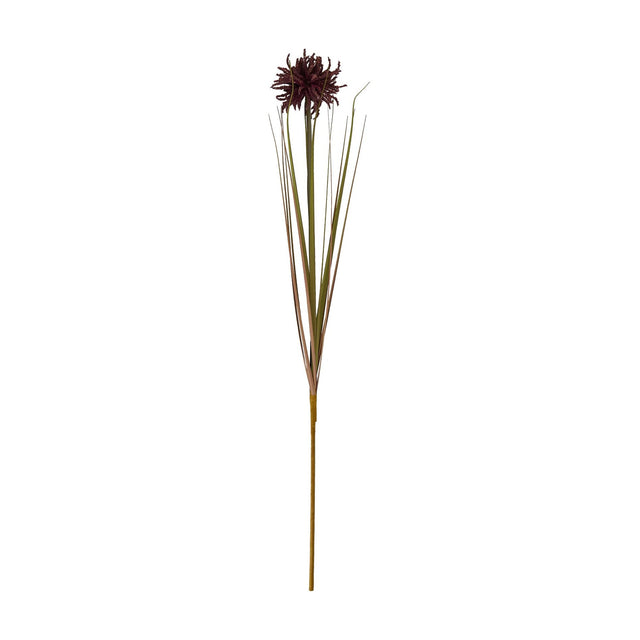 Hill Interiors Burgundy Aster Spider Chrysanthemum Stem, an 80cm faux flower with deep red curling petals and long green blades, on a white background.