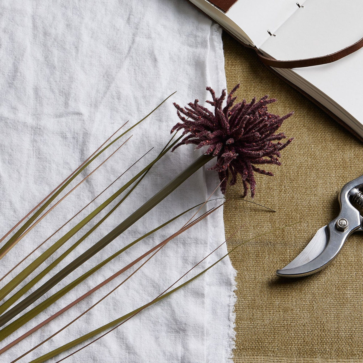 Hill Interiors burgundy aster spider chrysanthemum stem laid on white linen beside an open leather-bound book and metal secateurs on hessian.