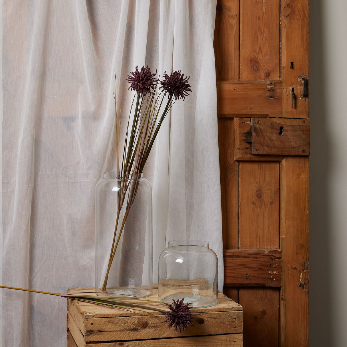 Hill Interiors Burgundy Aster Spider Chrysanthemum Stem displayed in a tall clear glass vase beside a smaller jar on a wooden crate by a sheer curtain.