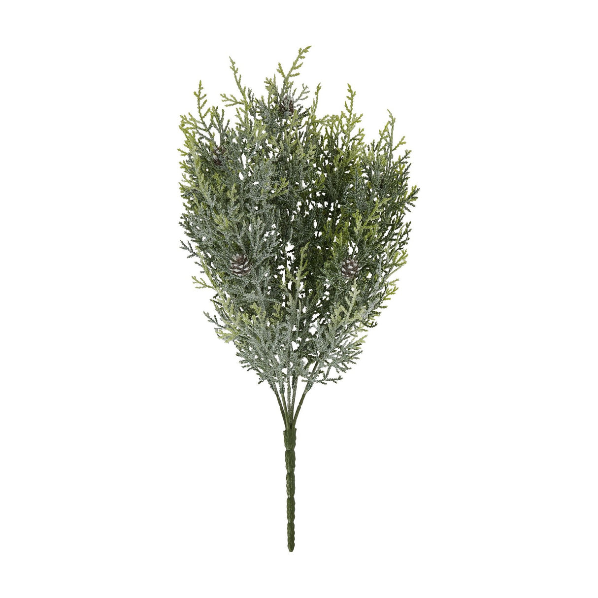 Hill Interiors Frosted Pine Spray Stem With Pinecones, a faux foliage branch with frosted green needles and small pinecones, shown on a white background.