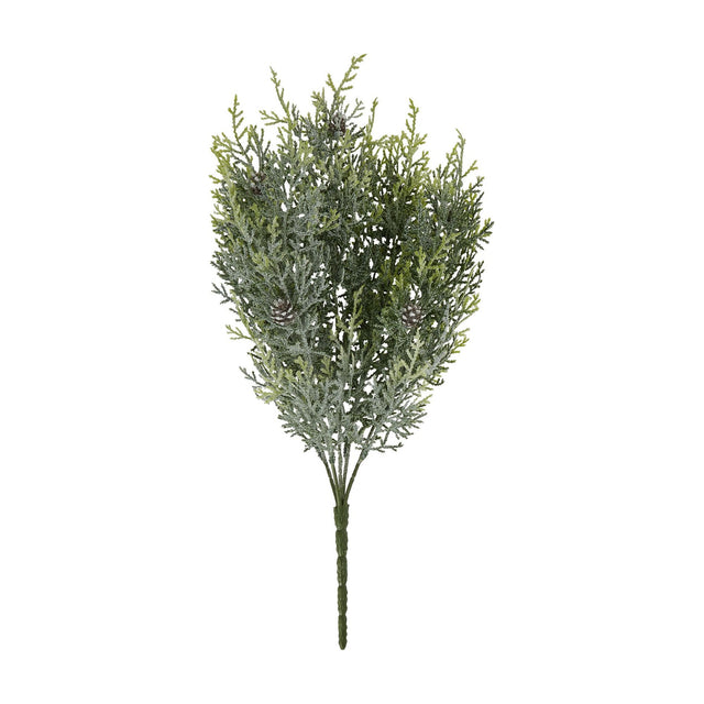 Hill Interiors Frosted Pine Spray Stem With Pinecones, a faux foliage branch with frosted green needles and small pinecones, shown on a white background.