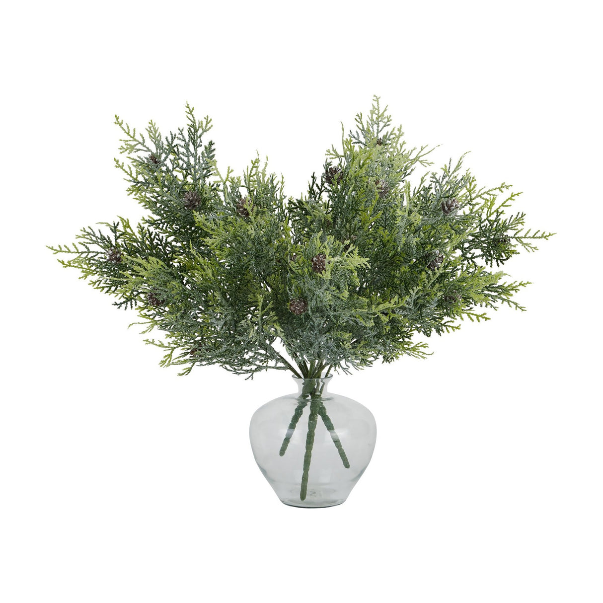 Hill Interiors Frosted Pine Spray Stem With Pinecones arranged in a clear glass vase, showing frosted green foliage and small pinecones on a white background.
