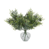 Hill Interiors Frosted Pine Spray Stem With Pinecones arranged in a clear glass vase, showing frosted green foliage and small pinecones on a white background.