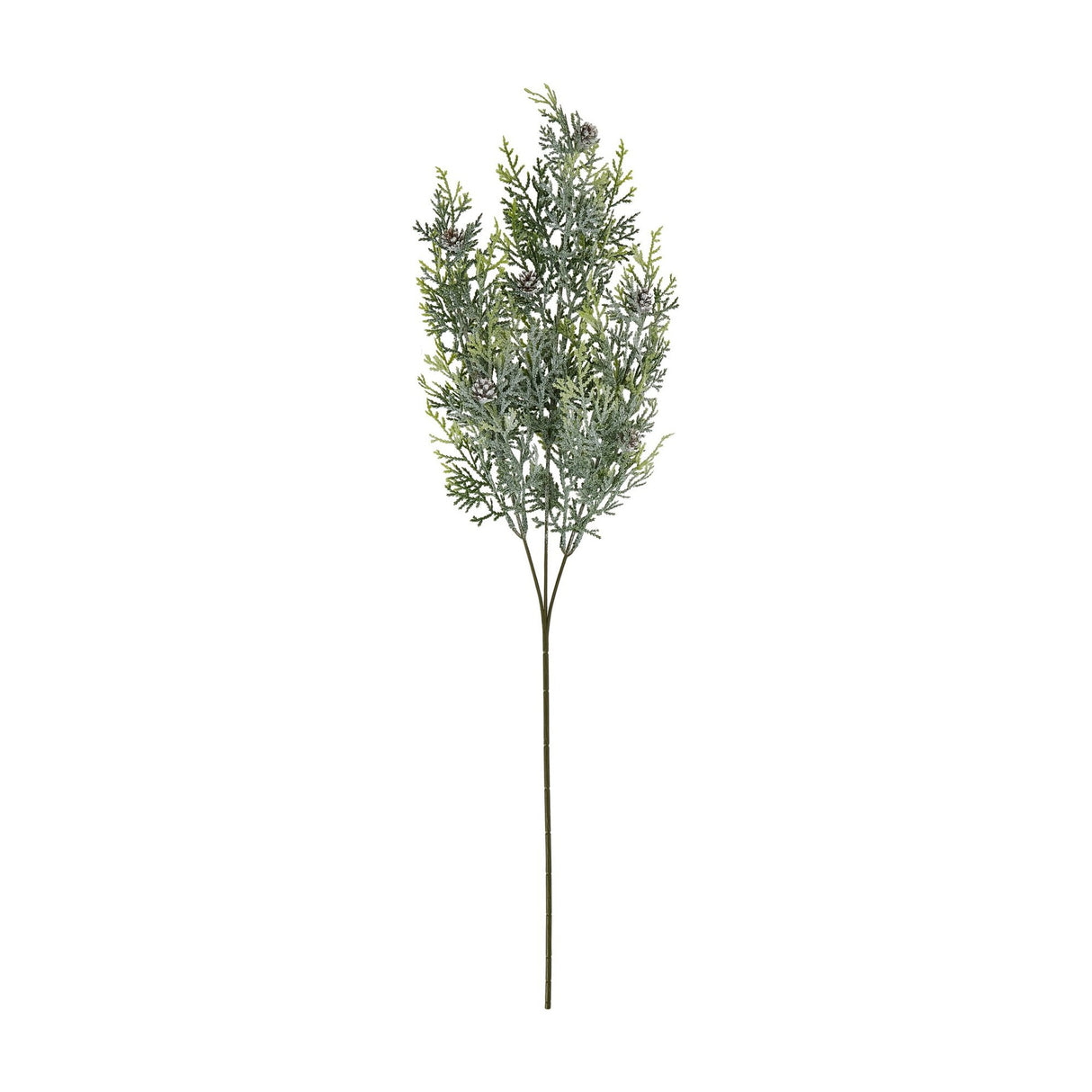 Hill Interiors Frosted Pine Tall Stem faux foliage with frosted green needles and small pinecones on a slender green stem against a white background.