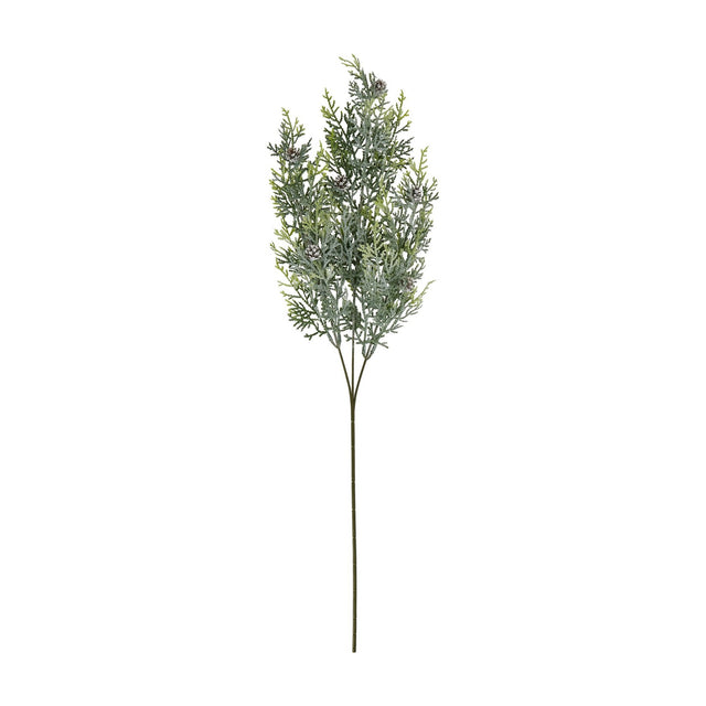 Hill Interiors Frosted Pine Tall Stem faux foliage with frosted green needles and small pinecones on a slender green stem against a white background.