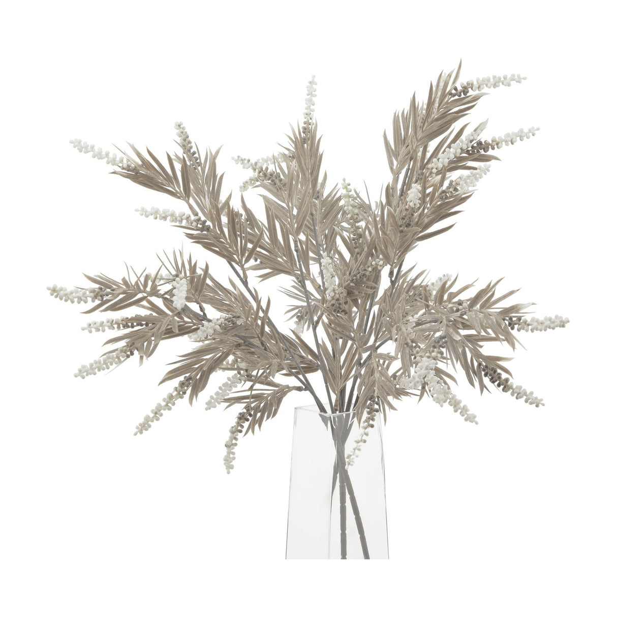 Hill Interiors Taupe and Ivory Large Branch faux foliage with slender cream leaves and berry clusters in a clear glass vase on a white background.