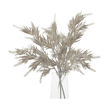 Hill Interiors Taupe and Ivory Large Branch faux foliage with slender cream leaves and berry clusters in a clear glass vase on a white background.