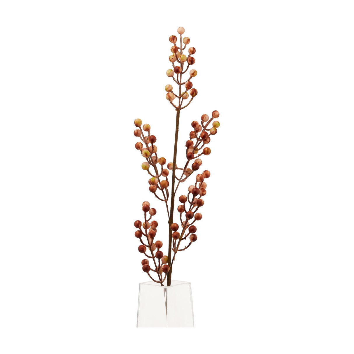Hill Interiors Autumn Branch Large faux foliage stem with clustered cream and rust berries on slender branches in a clear vase on a white background.