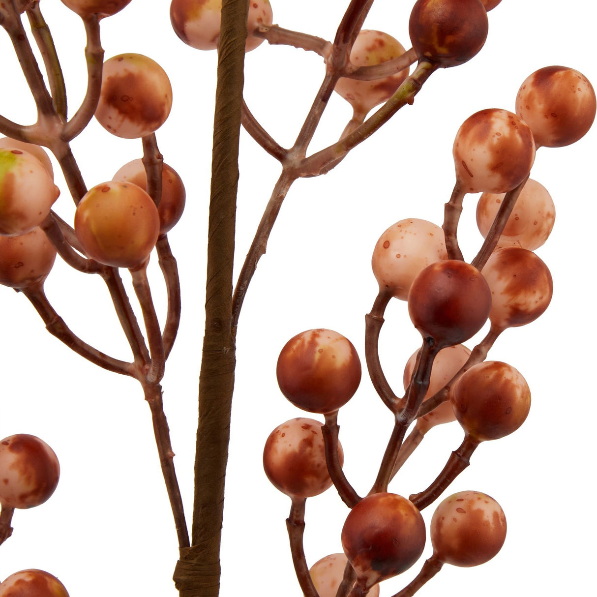 Close-up of the Hill Interiors Autumn Branch Large faux stem, showing clustered cream and russet berries on slender brown branches against a white background.