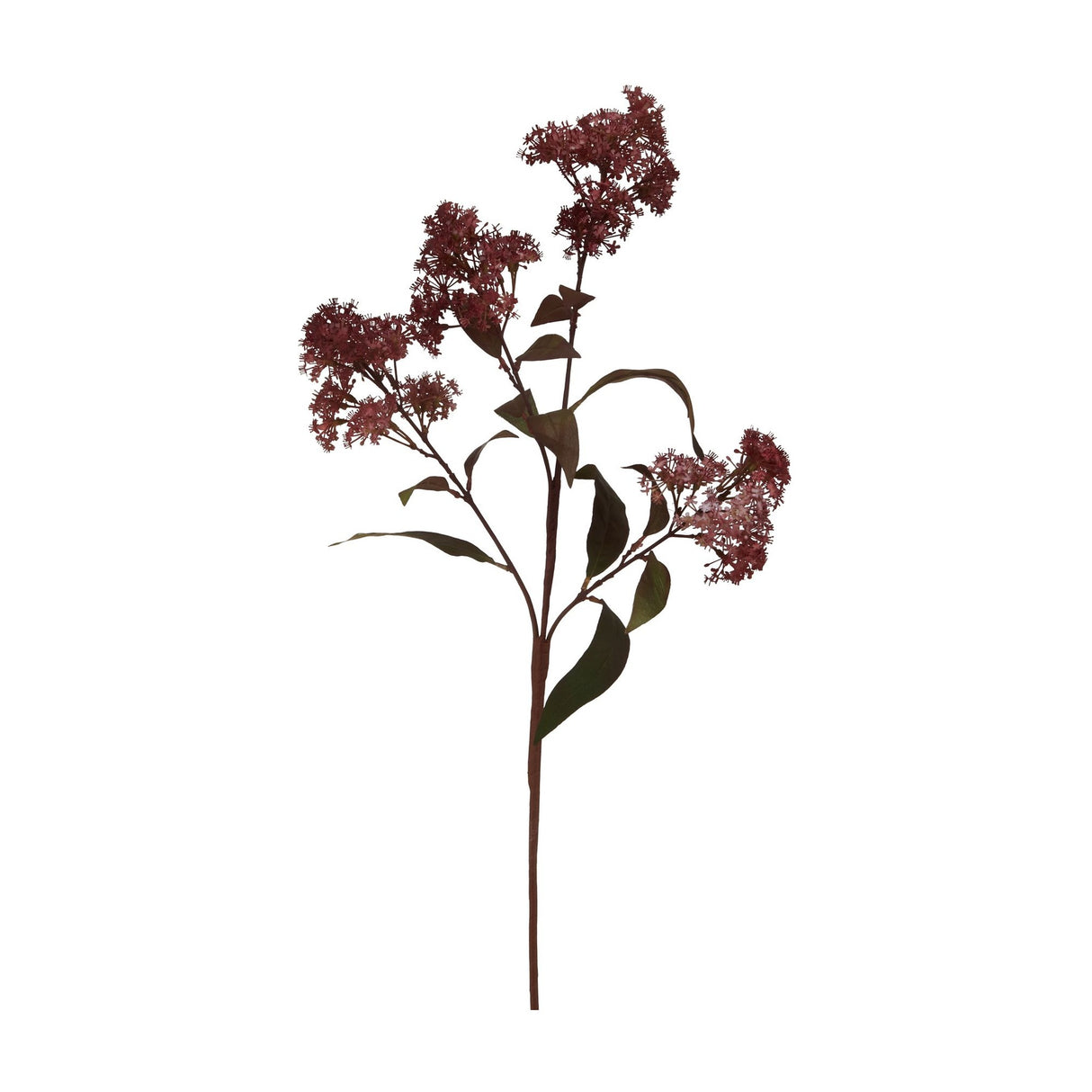 Hill Interiors medium burgundy smokebush faux stem with feathery deep red plumes and oval leaves on a plastic stem, shown against a plain white background.