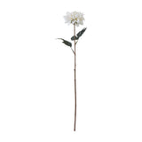 Hill Interiors Tall White Dahlia faux flower stem with layered white bloom and two dark green leaves on a long brown stem, shown on a plain white background.