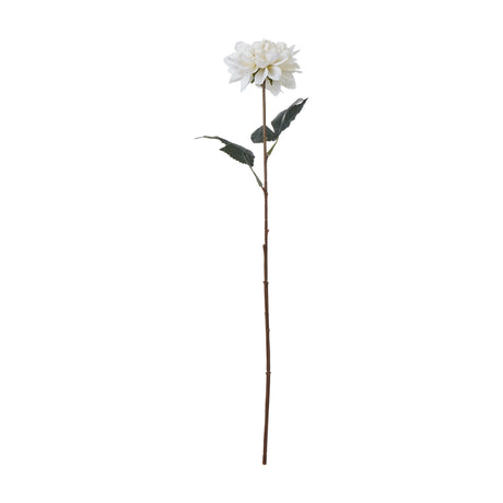 Hill Interiors Tall White Dahlia faux flower stem with layered white bloom and two dark green leaves on a long brown stem, shown on a plain white background.