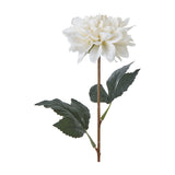 Hill Interiors Tall White Dahlia faux stem with layered white petals and dark green leaves on a brown stem, shown on a plain white background.