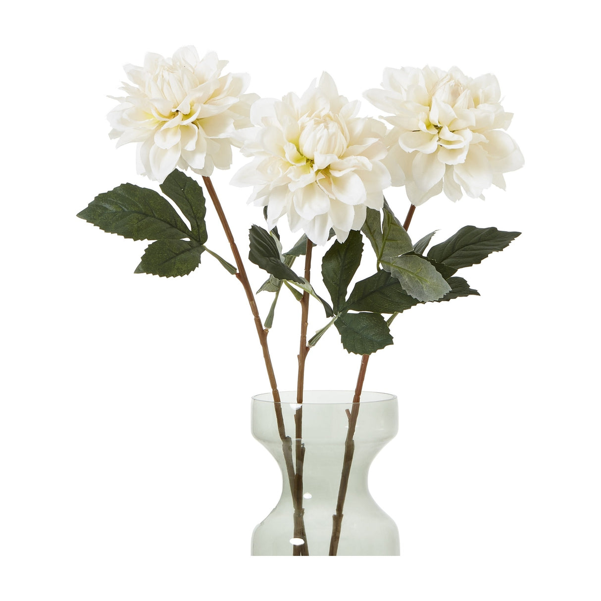 Three Hill Interiors Tall White Dahlia faux stems with layered cream petals and green leaves arranged in a clear glass vase on a white background.