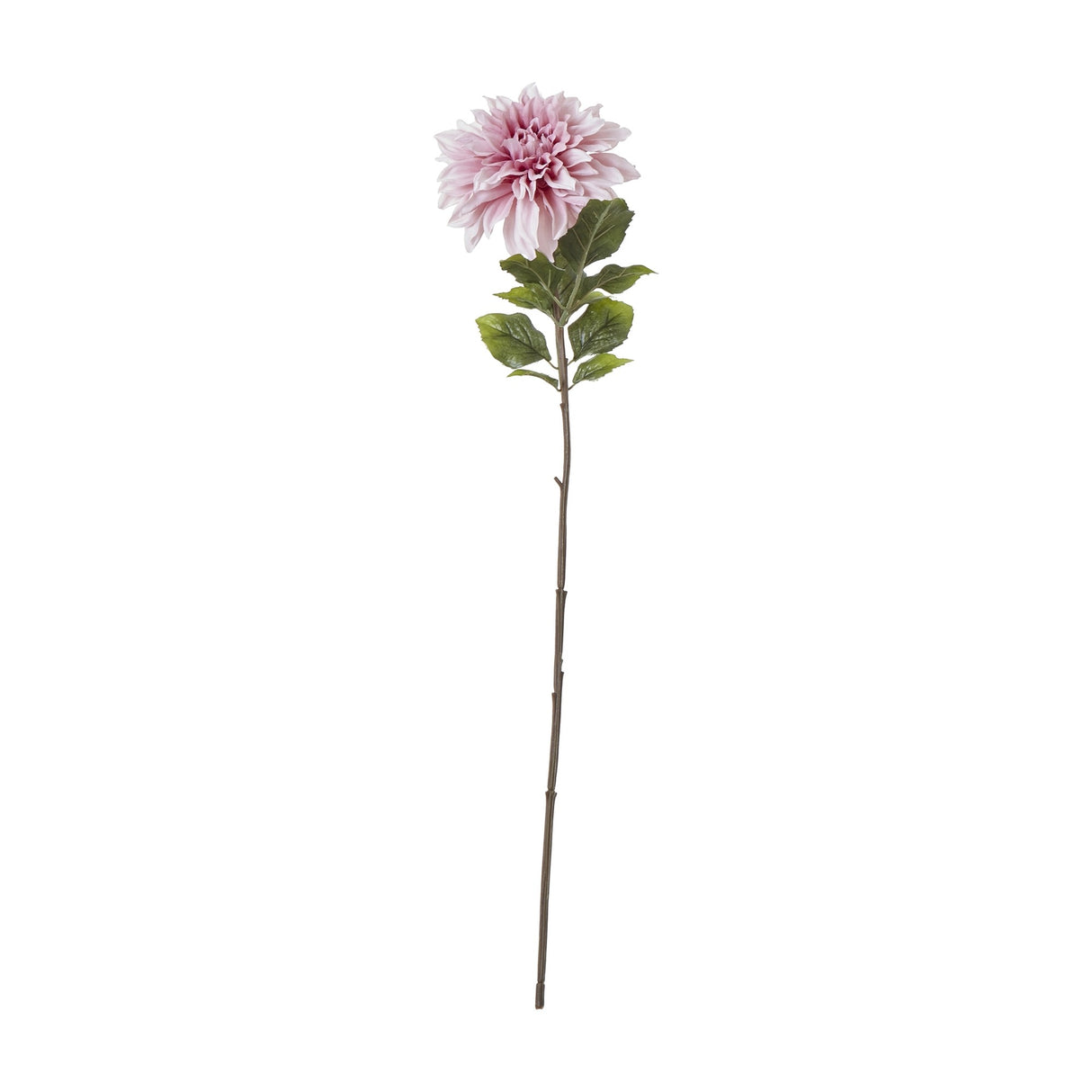Hill Interiors Pink Dahlia faux flower stem with layered blush petals and green leaves on a tall slim stem, shown against a plain white background.