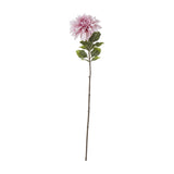 Hill Interiors Pink Dahlia faux flower stem with layered blush petals and green leaves on a tall slim stem, shown against a plain white background.