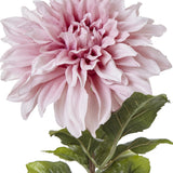 Close-up of Hill Interiors Pink Dahlia faux stem showing layered blush petals with deeper pink centre and green leaves on a white background.