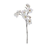 Hill Interiors White Magnolia Stem with layered white blooms, yellow centres, and small buds on a dark branching stem, on a white background.